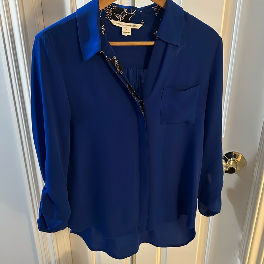 DVF, blue blouse with star detail, size 6